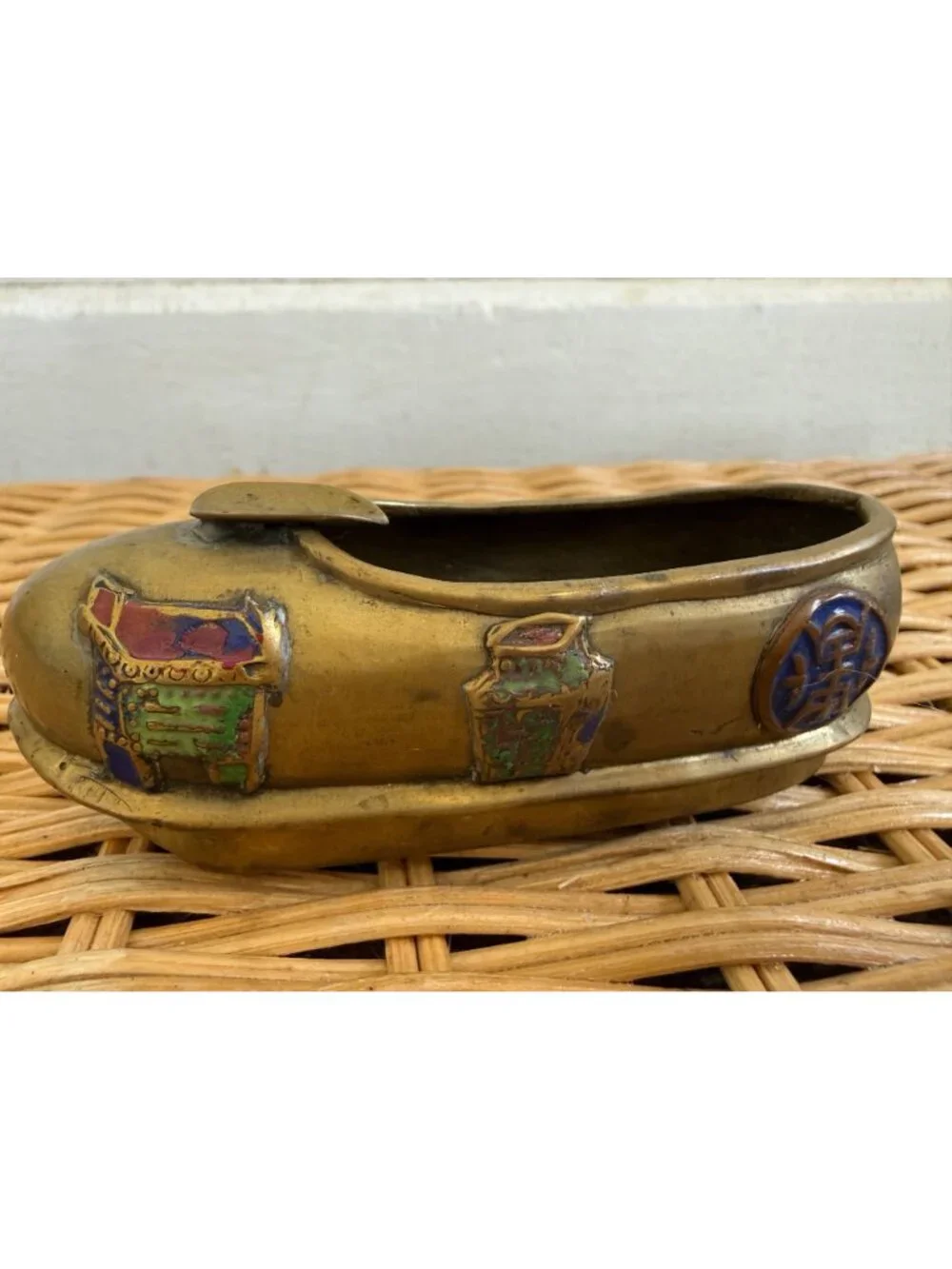 Vintage 1930s Chinese Slipper Shoe AshTray Pottery & brass with enamel